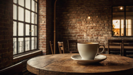 Coffee cup on wooden table and brick wall background in cafe