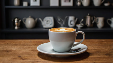 Coffee cup on wooden table in coffee shop, stock photo