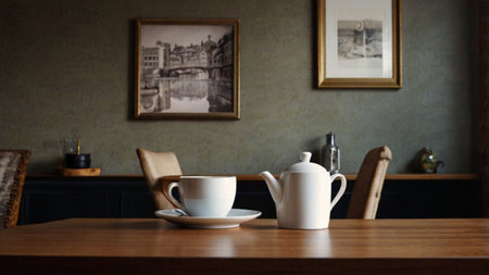 Coffee cup and teapot on wooden table in cafe