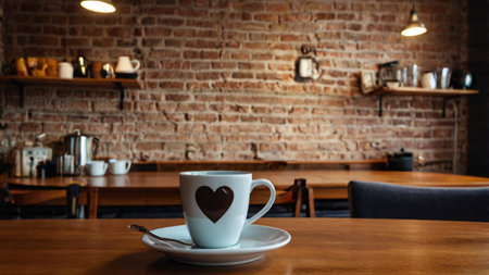 Coffee cup on wooden table in coffee shop with brick wall backgroundの写真素材