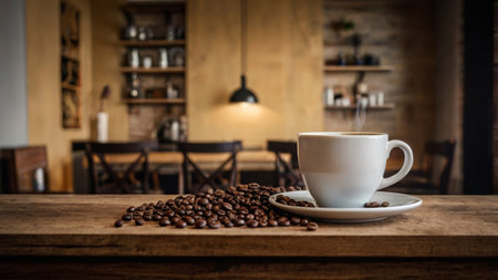Coffee cup and coffee beans on wooden table in coffee shopの写真素材