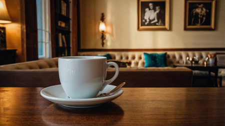 Coffee cup on wooden table in coffee shop, stock photoの写真素材