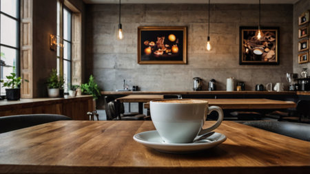 Coffee cup on wooden table in coffee shop, stock photo