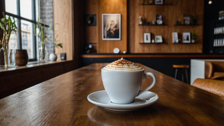 Coffee cup on wooden table in coffee shop, stock photoの写真素材