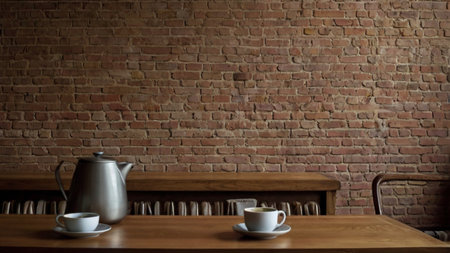 Coffee cup and teapot on wooden table in cafe