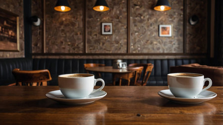 Coffee cup on wooden table in coffee shop, stock photo