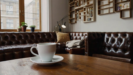 Coffee cup on wooden table in coffee shop, stock photoの写真素材