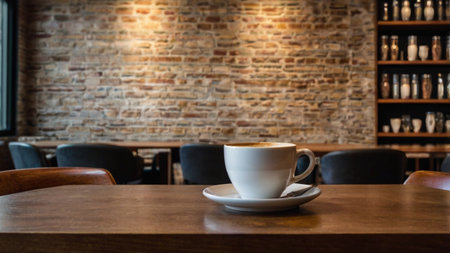 Coffee cup on wooden table in coffee shop, stock photo