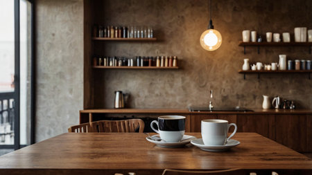 Coffee cup on wooden table in coffee shop, stock photoの写真素材