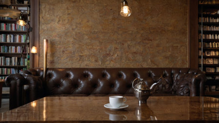 Interior of a cafe with a leather sofa and a coffee cupの写真素材