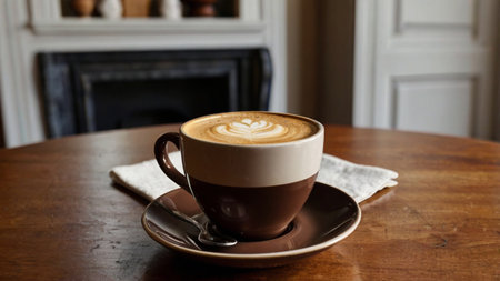 Coffee cup with latte art on wooden table in coffee shop