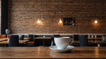Coffee cup on wooden table in coffee shop with brick wall backgroundの写真素材