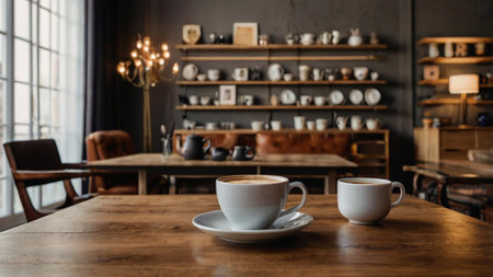 Coffee cup on wooden table in coffee shop. Coffee shop conceptの写真素材