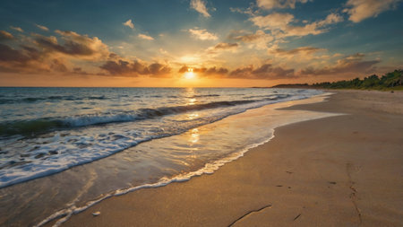 Beautiful sunset on the beach. Panoramic view of the sea.の写真素材