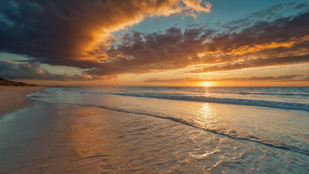 Beautiful sunset on the beach with clouds in the sky over the seaの写真素材