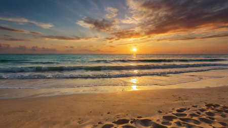 Beautiful sunset over the sea. Panoramic view of the beach