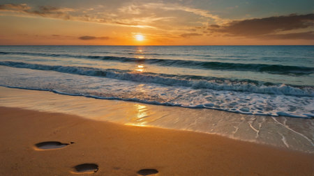 Beautiful sunset on the beach with footprints in the sand and wavesの写真素材