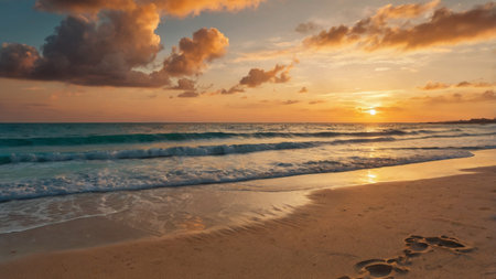 Beautiful sunset on the beach with footprints in the sand and sea wavesの写真素材