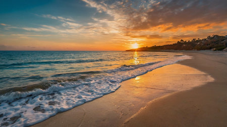 Beautiful sunset on the beach of Costa Brava, Catalonia, Spainの写真素材