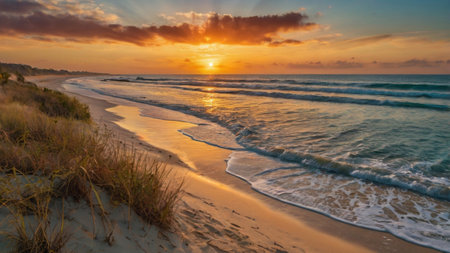 Beautiful sunset on the beach of the Baltic Sea in Poland.の写真素材