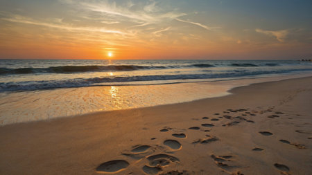 Beautiful sunset on the beach with footprints in the sand and wavesの写真素材