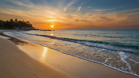 Beautiful sunset on the beach. Panoramic view of tropical beach at sunset.の写真素材