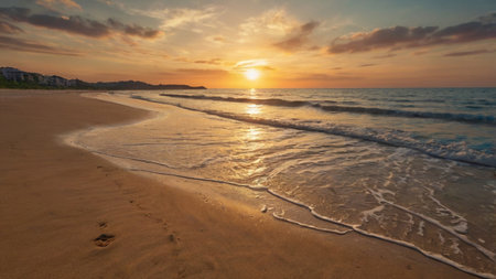 Beautiful sunset on the beach. Panoramic view of the beach.の写真素材