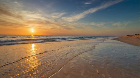 Beautiful sunset over the sea. Panoramic view on the beach.の写真素材