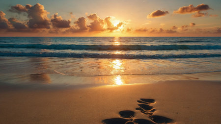 Footprints on the beach at sunset. Beautiful seascape.の写真素材
