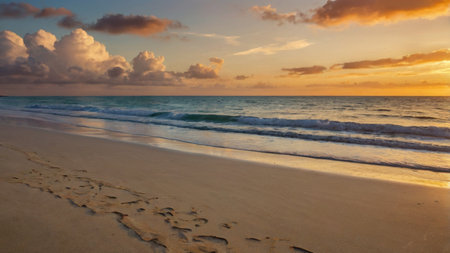 Beautiful sunset on the beach in Barbados, Caribbean sea.の写真素材