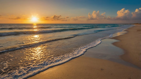 Beautiful sunset on the beach. Panoramic view of the sea and waves.の写真素材