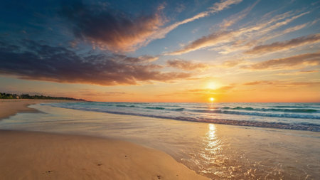Sunset on the beach. Panoramic view of beautiful sunset on the beach.の写真素材