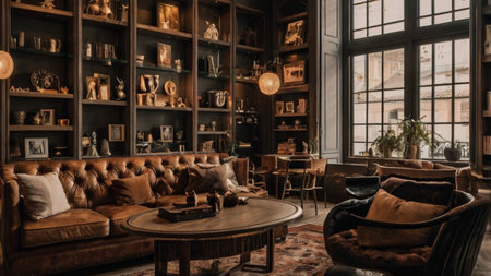 Interior of a coffee shop with brown leather sofas and vintage bookshelvesの写真素材