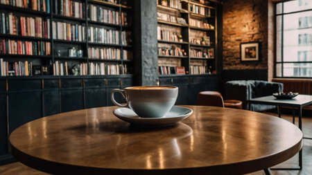 Coffee cup on wooden table and bookshelf background.の写真素材