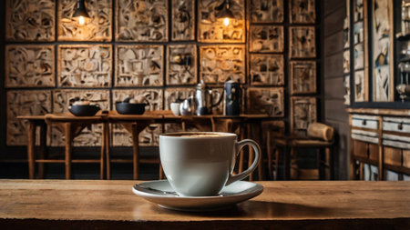 Coffee cup on wooden table in coffee shop, stock photo
