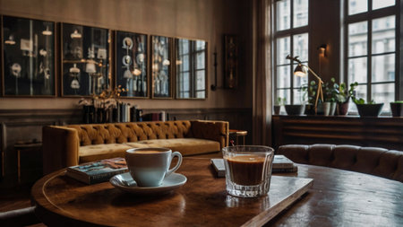Coffee cup and book on table in cafe, stock photoの写真素材