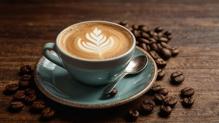 Coffee cup with latte art on wooden table background.