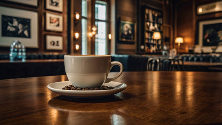 Coffee cup and coffee beans on wooden table in cafe.の写真素材