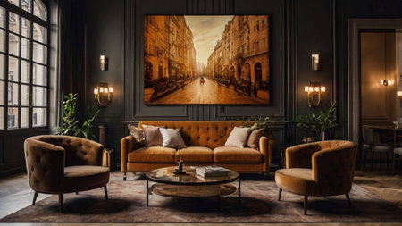 Luxury living room interior with furniture and paintings. 3d renderingの写真素材