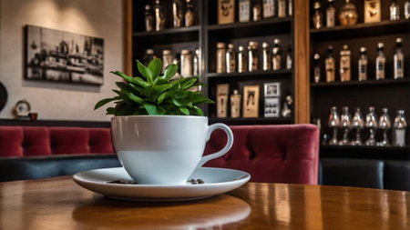 Coffee cup on wooden table in coffee shop, stock photo