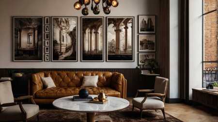 Luxury living room interior with leather sofa, armchair, coffee table and vintage picture framesの写真素材