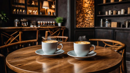 Two cups of cappuccino on a wooden table in a cafe