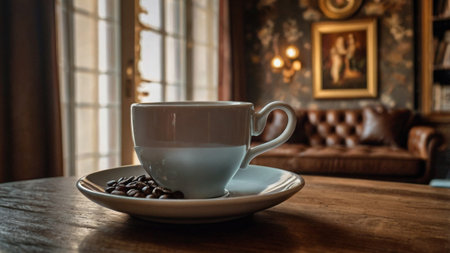 Coffee cup and saucer on wooden table in coffee shop