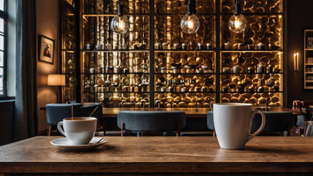 Coffee cup on wooden table in coffee shop. Coffee shop interiorの写真素材