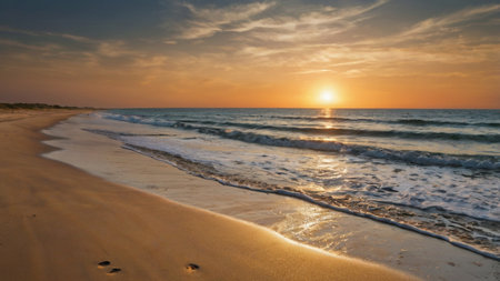 Beautiful sunset on the beach of the Mediterranean Sea, Israel.の写真素材