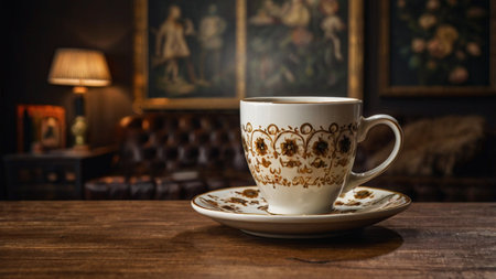 Coffee cup on wooden table in coffee shop, stock photoの写真素材