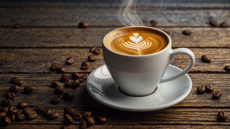 Coffee cup with latte art on wooden table background.