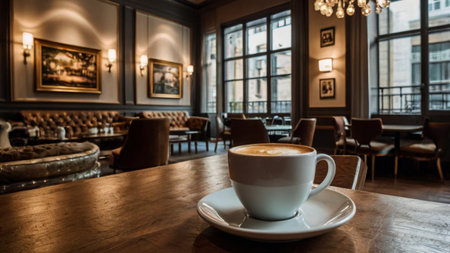 Coffee cup in coffee shop. Coffee shop background. Coffee shop interior