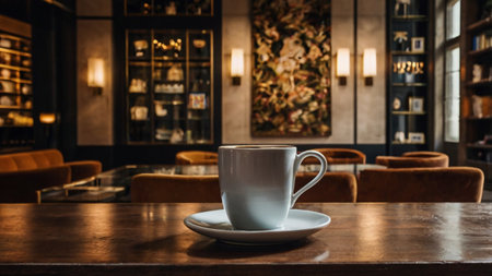 Coffee cup on wooden table in coffee shop - vintage filterの写真素材