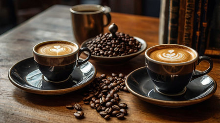 Coffee cup with latte art and coffee beans on wooden table
